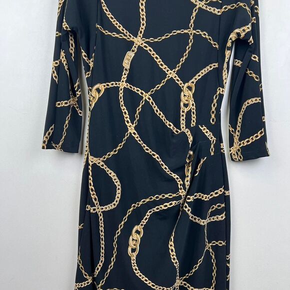 LAUREN RALPH LAUREN Black Gold Chain Link Jersey Dress Boat Neck Pullover Sz 4 - Picture 5 of 8